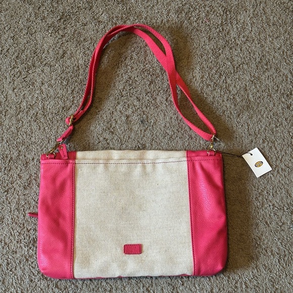 NWT Fossil Kira Pink Pebbled Faux Leather Fold Top Handle Bag Corssbody Canvas - Picture 1 of 11